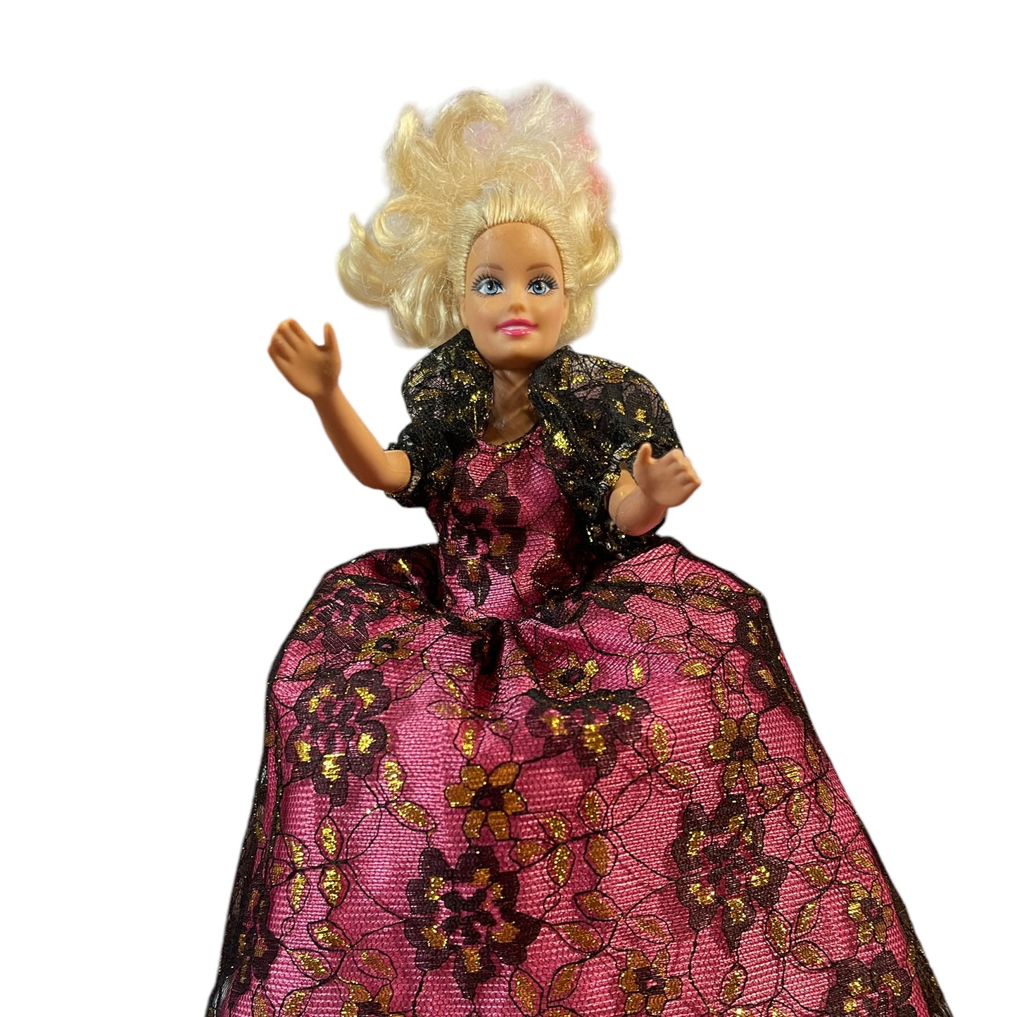 Mattel 2010 Barbie, Long Blond Curls, Ballgown with Black/Gold Lace Overlay & Ankle Strap Shoes in EUC