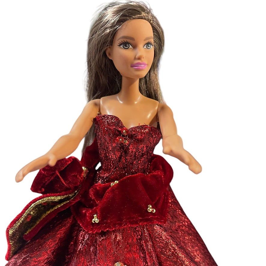 Glamorous Holiday Barbie, Red Shimmer Dress, Velvet Bow with GoldSnowflake Appliques EUC