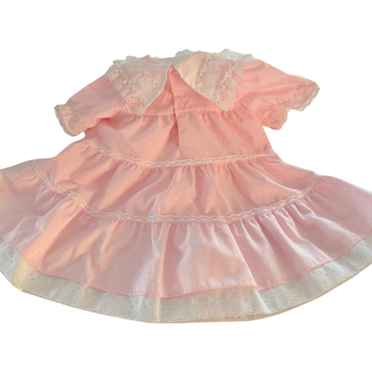 Vintage Little Princess Dainty Pink Cotton Party Dress, White Lace Collar with Satin Rosette