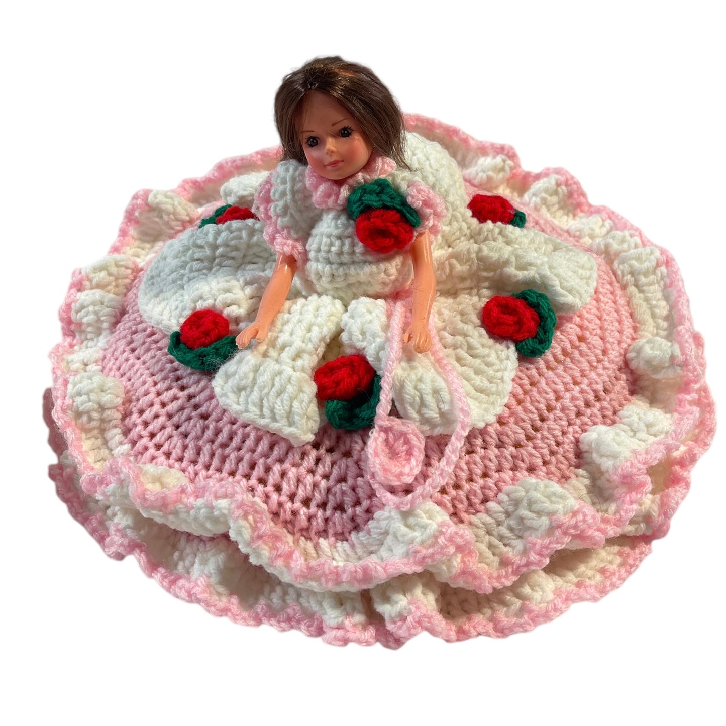 Vintage Crochet Bed Sitter Doll, Pink & White Dress. Embellished with Red Roses & Green Leaves