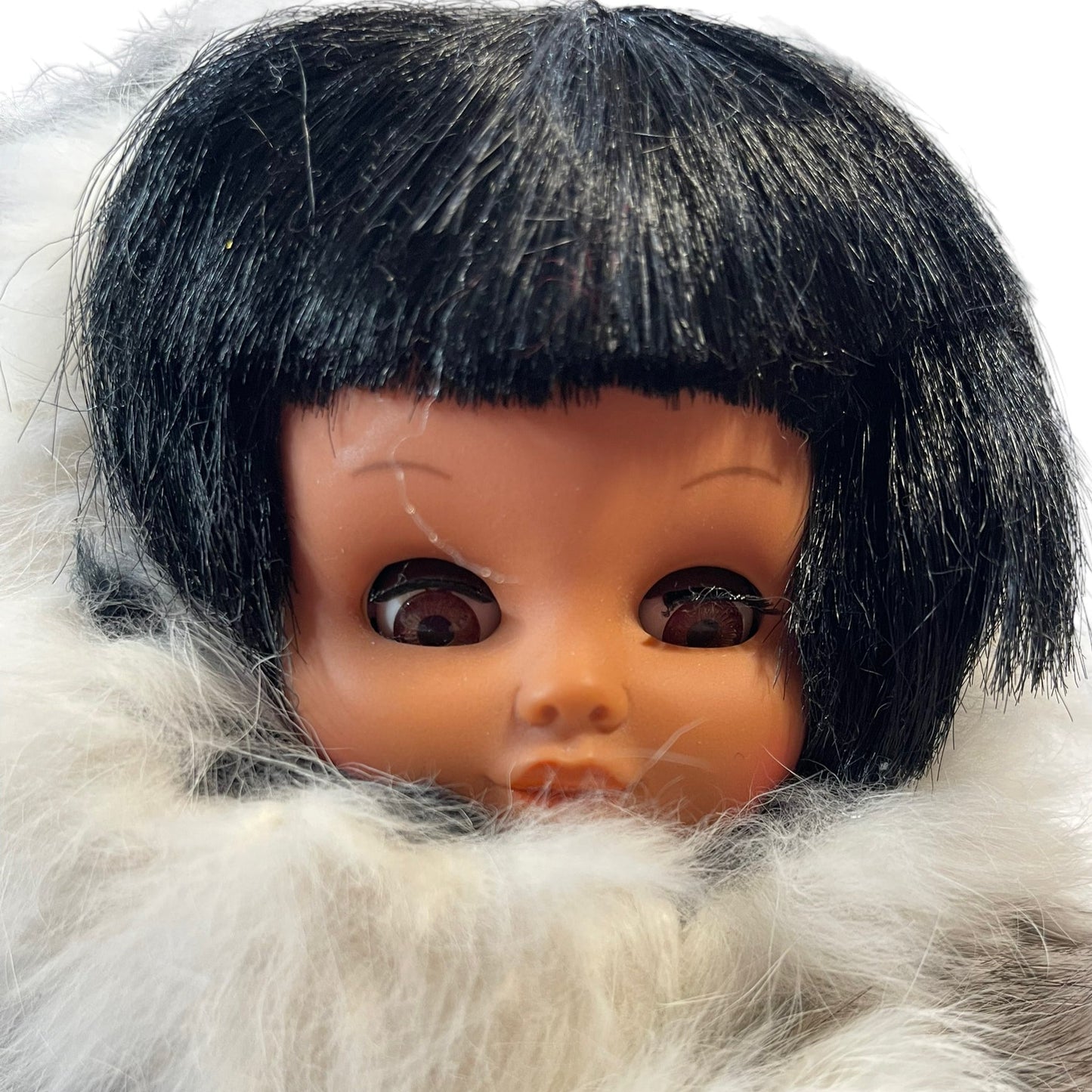 Preloved 14"  Vinyl Inuit Doll with Traditional Rabbit Fur Clothing