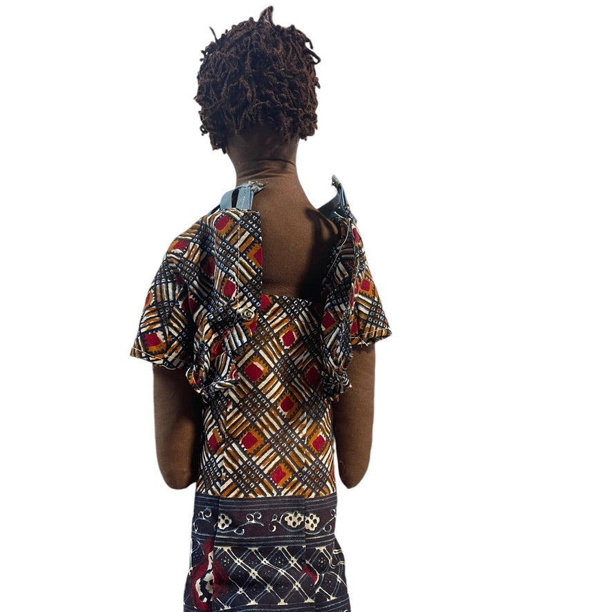 Handmade African Folk Art Mama & Baby Doll in Traditional Print Dress and Baby Wrap/Signature