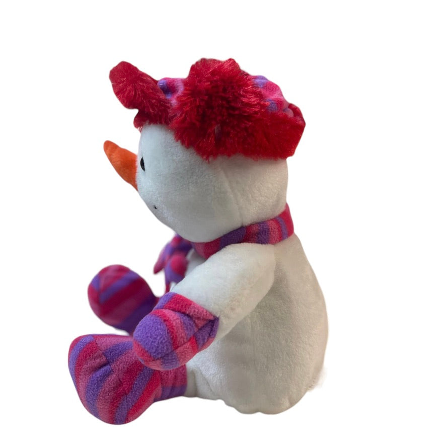 Stuffed 14" Snowman Plush Pink/ Purple Striped Clothes and a  Carrot Nose!