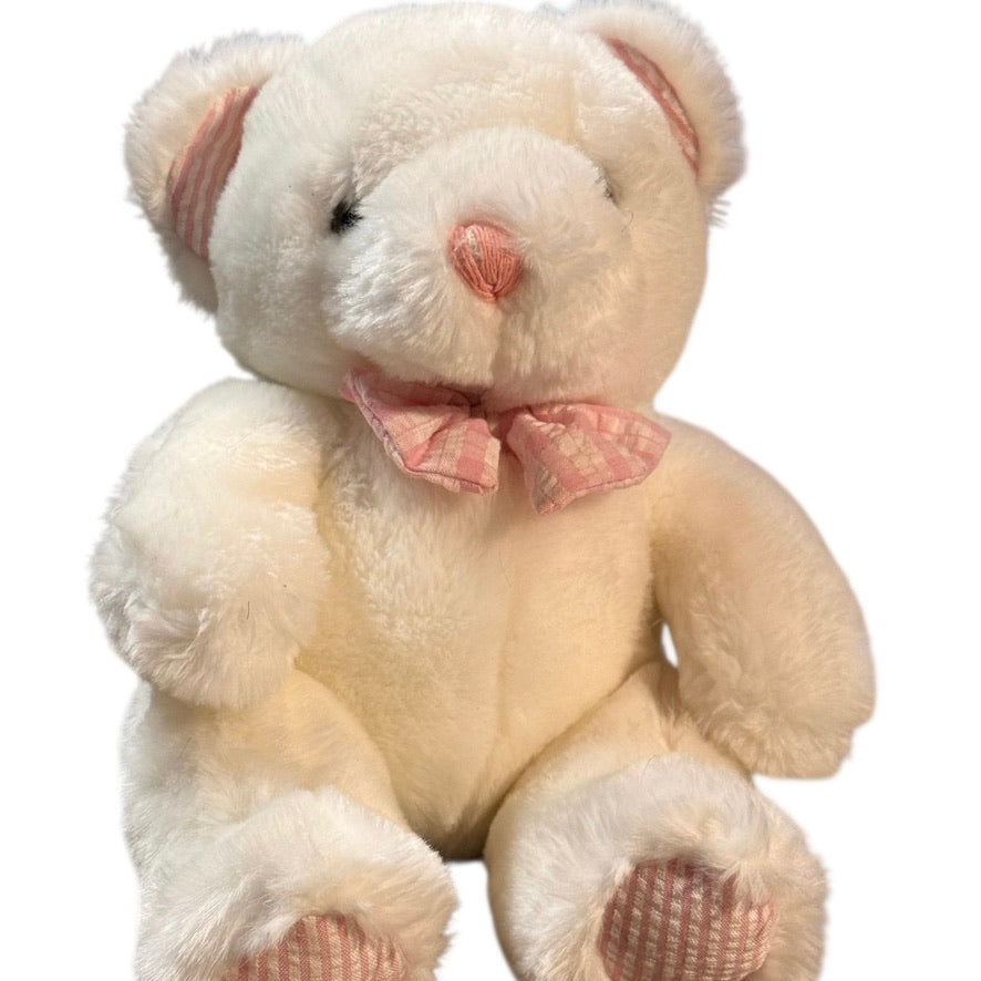 Vintage White Plush Seated Teddy Bear Rattle, Pink Seersucker Ears, Bow Tie & Feet in GVC