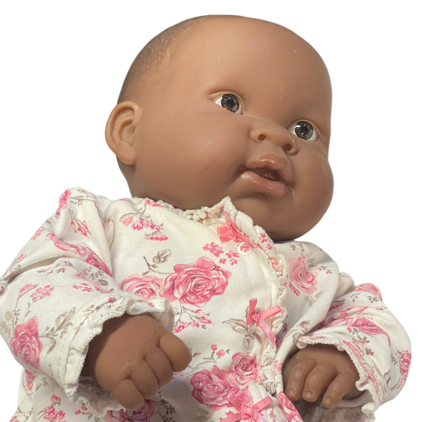 Berenguer African 20" Soft Bodied Baby Doll, Lace Bonnet, Sweet Little Me Floral Sleeper 6M