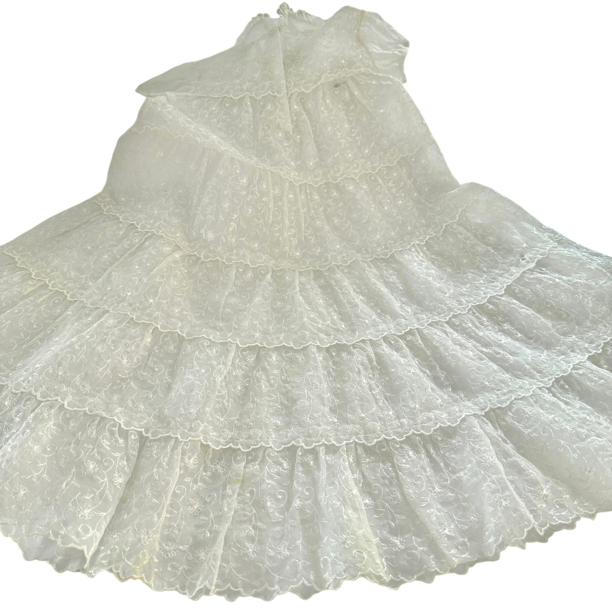 Exquisite Vintage Sheer Lace Christening Gown, Lace Rimmed Tiers, Satin Ribbon & Vintage Snaps