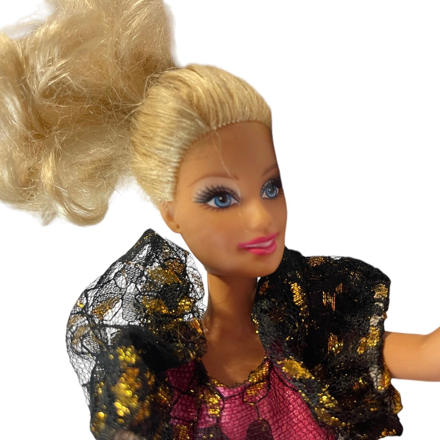 Mattel 2010 Barbie, Long Blond Curls, Ballgown with Black/Gold Lace Overlay & Ankle Strap Shoes in EUC