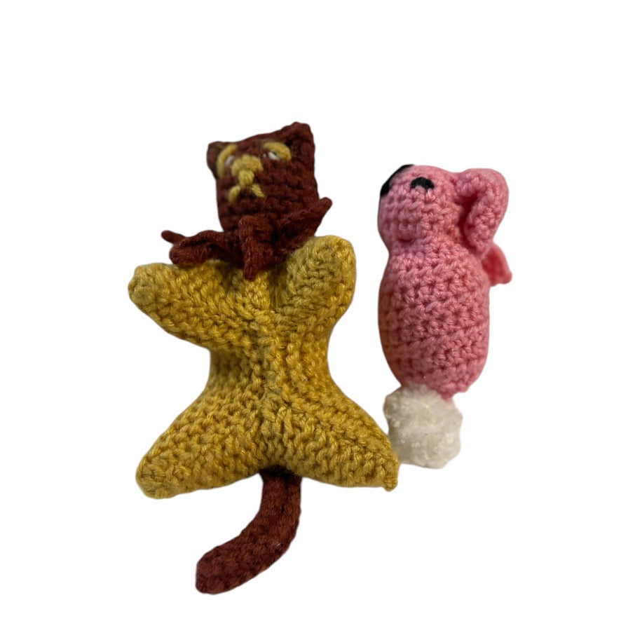 Derpy Hand Knit Gold & Brown Kitty Cat and Pink Knit Bunny with a White Fluffy Tail