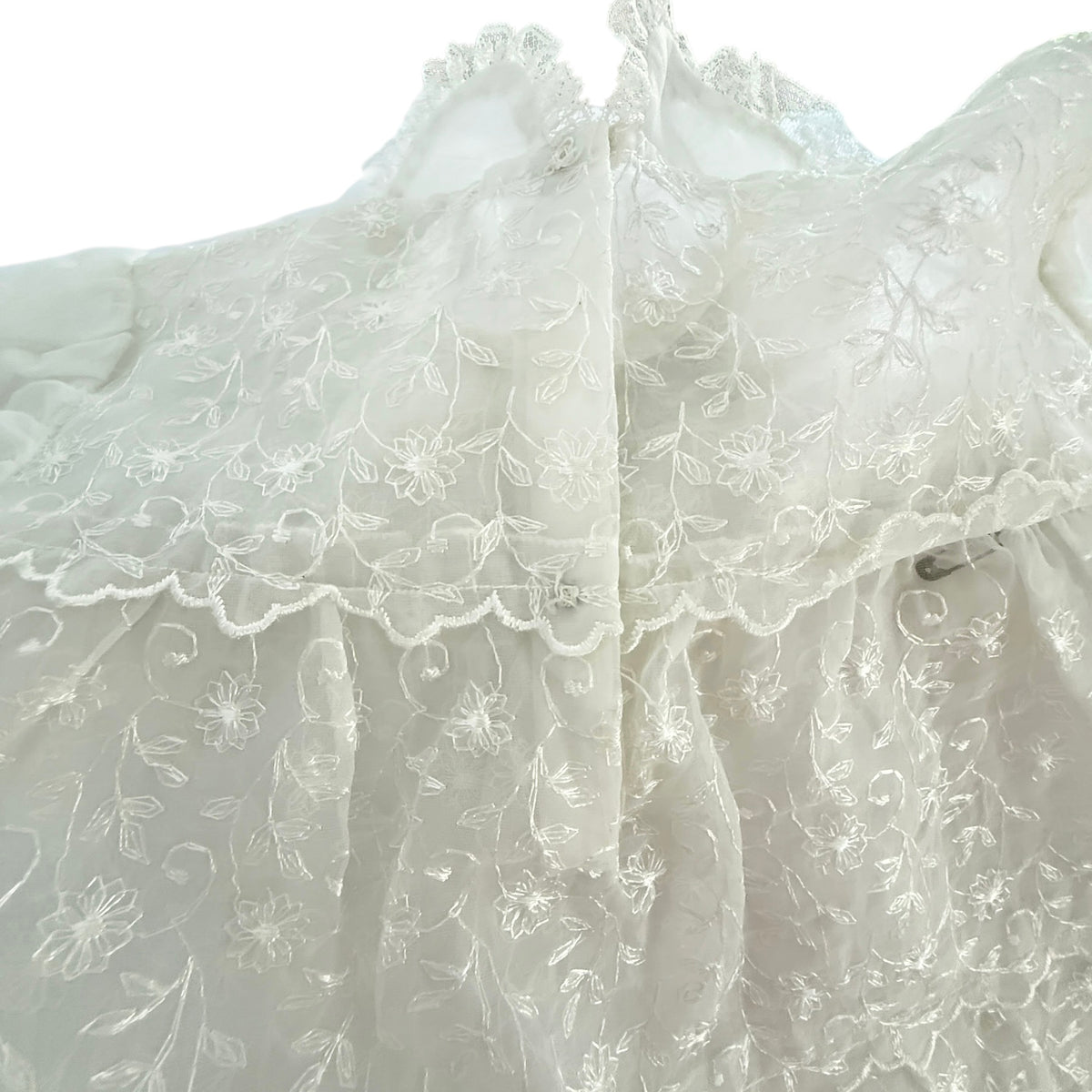 Exquisite Vintage Sheer Lace Christening Gown, Lace Rimmed Tiers, Satin Ribbon & Vintage Snaps