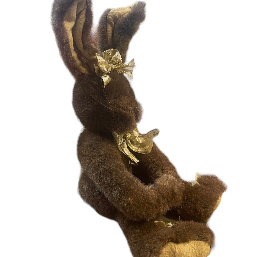 Chocolate Brown 18" Stuffed Plush Bunny Rabbit, Jointed Legs, Gold ribbon