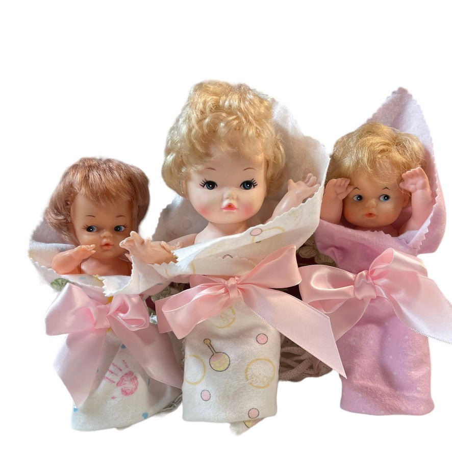 Vintage Lot of 3 Plastic Baby Dolls with Receiving Blankets in GUC