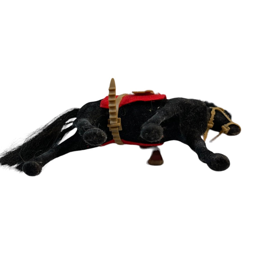 Vintage Flocked Black Stallion Plastic Horse with Saddle Blanket, Saddle and Bridle