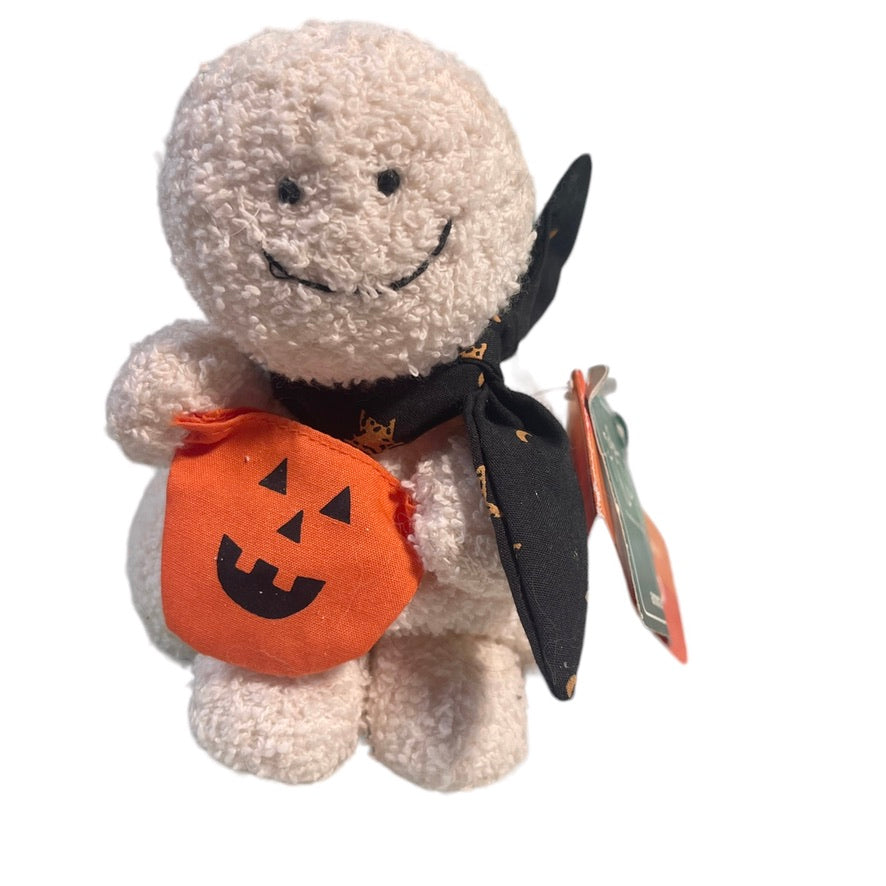 Terrycloth Russ -Berrie 5" Ghost, 'Haunt', Black Scarf, Pumpkin Candy Bag , Hard to Find,  UWT