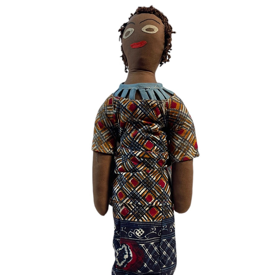 Handmade African Folk Art Mama & Baby Doll in Traditional Print Dress and Baby Wrap/Signature