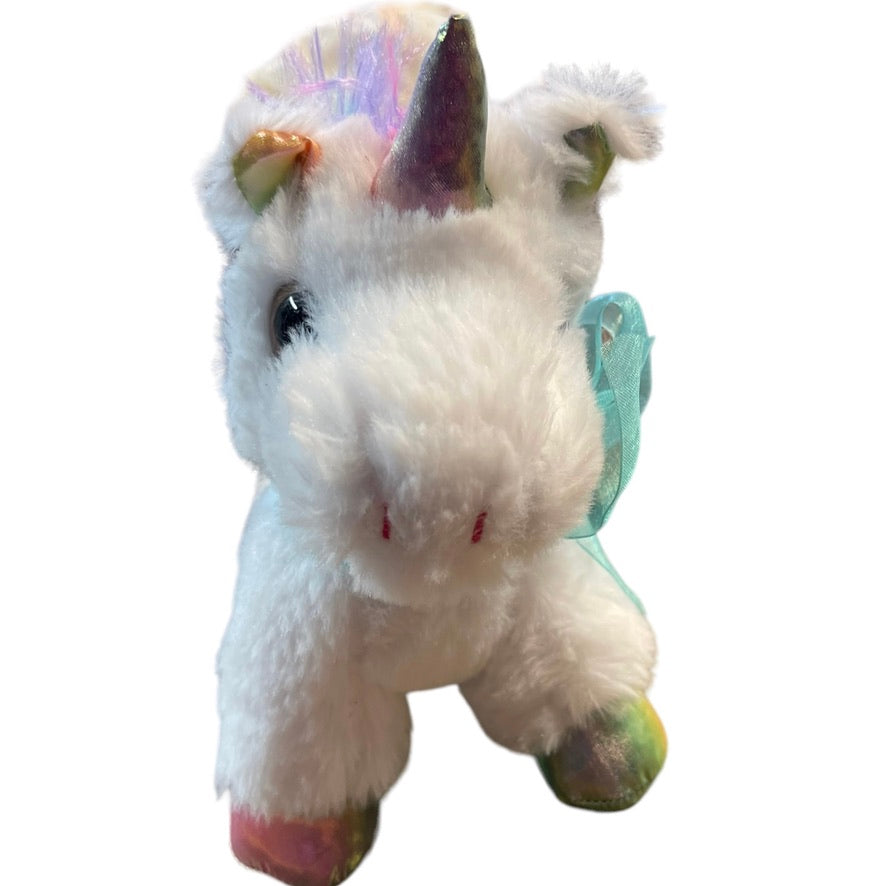 7" White Unicorn Stuffed Animal Plush With Rainbow Horn, Hooves, Ears and Tail