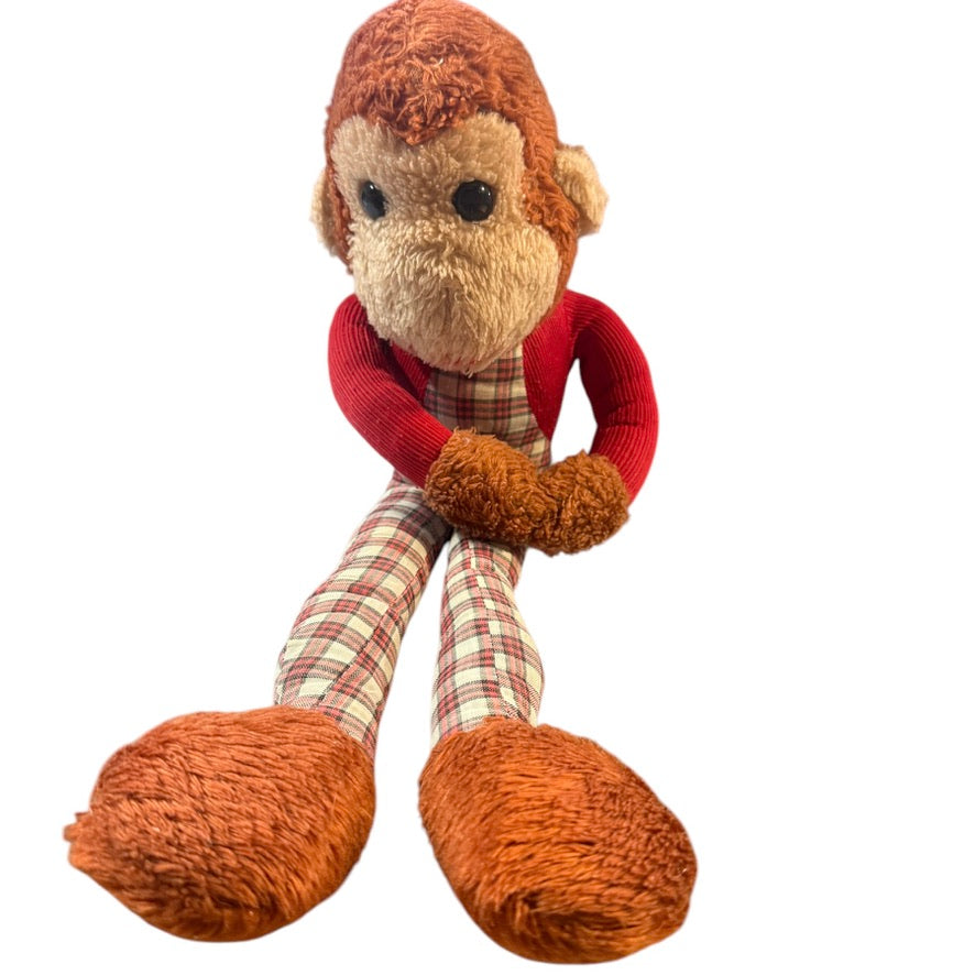 Charming Long-Legged Vintage Monkey Plush Knee Huggar with Tartan Coveralls Fair