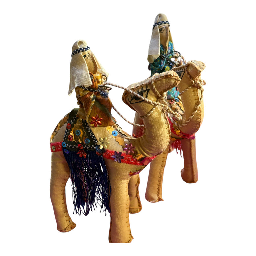 Vintage Leather Wrapped Camels & Riders Finely Detailed with Coloured Sequins and a Deep Fringe, Preowned GUC