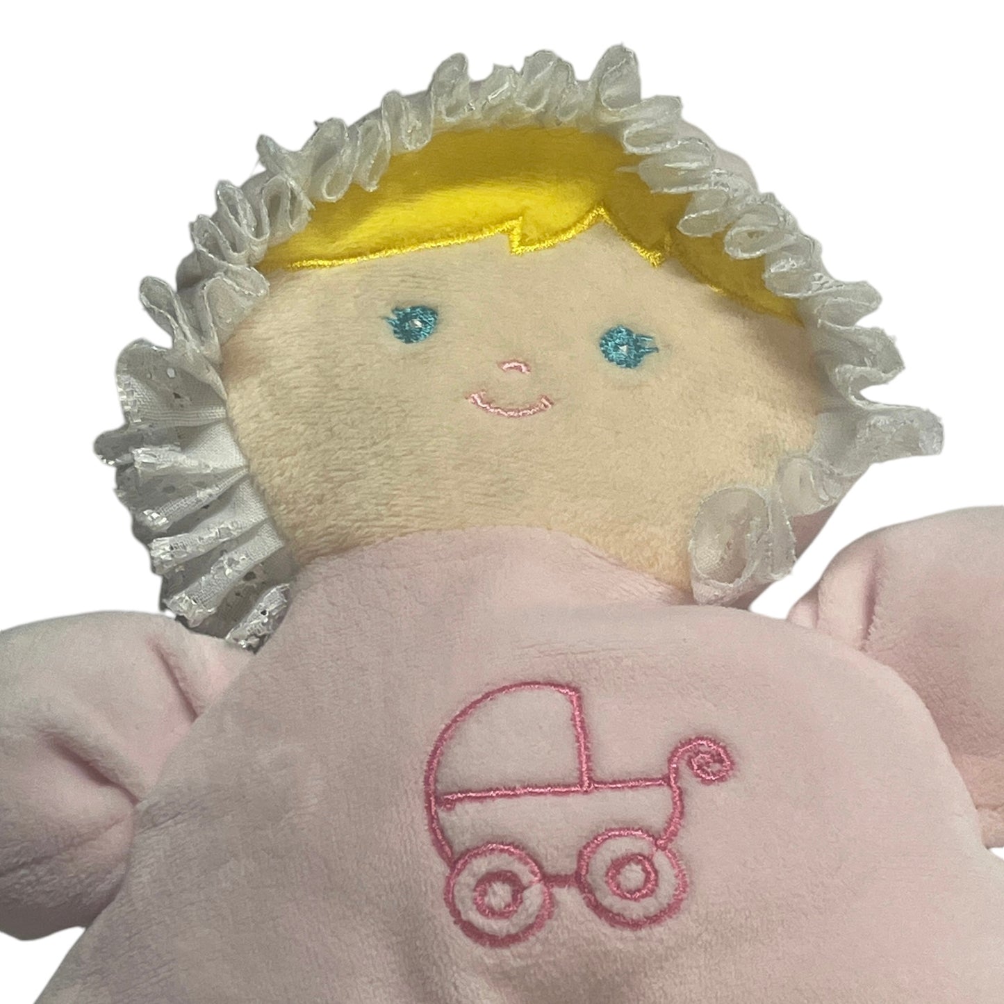 Soft Pink Plush Velvety Baby Doll Rattle, Lace Ruffled Bonnet, Embroidered Face & Carriage on Belly