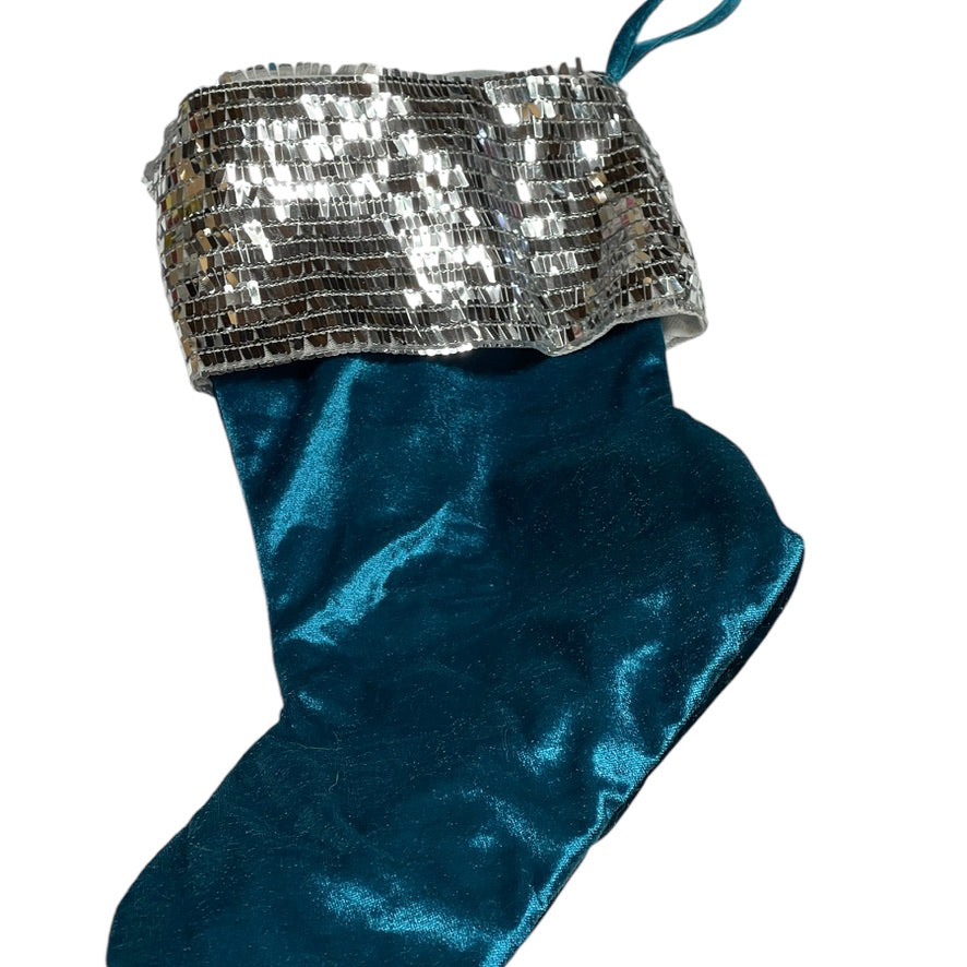 Holiday Sparkle Christmas Stocking  Silver Sequinned Cuff on a Shiny Peacock Blue Sock