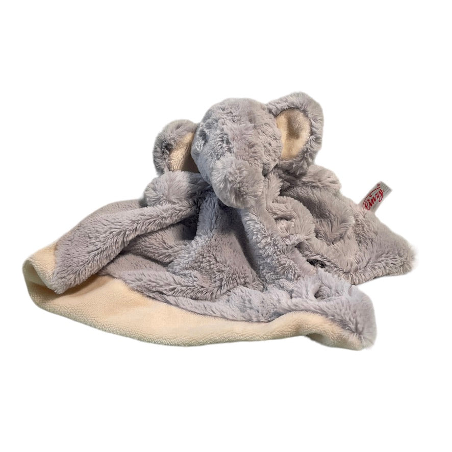 Linzy Baby Light Grey & Cream  Fluffy Elephant Lovey Security Blanket Rattle in Great Preowned Condition