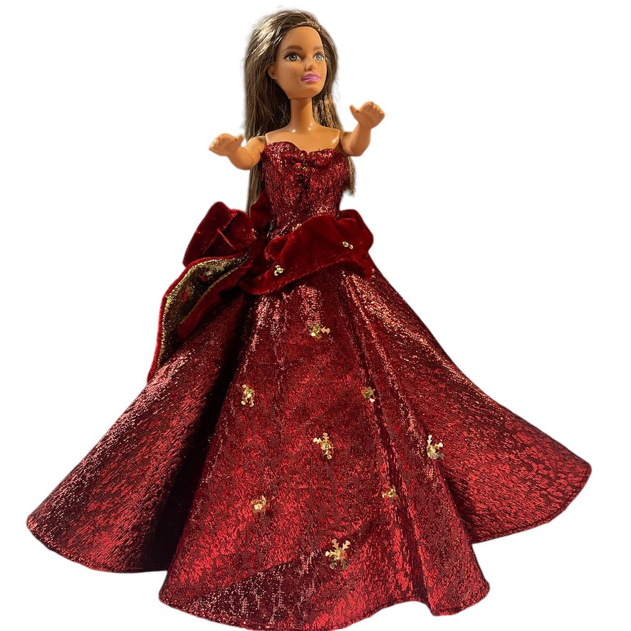 Glamorous Holiday Barbie, Red Shimmer Dress, Velvet Bow with GoldSnowflake Appliques EUC