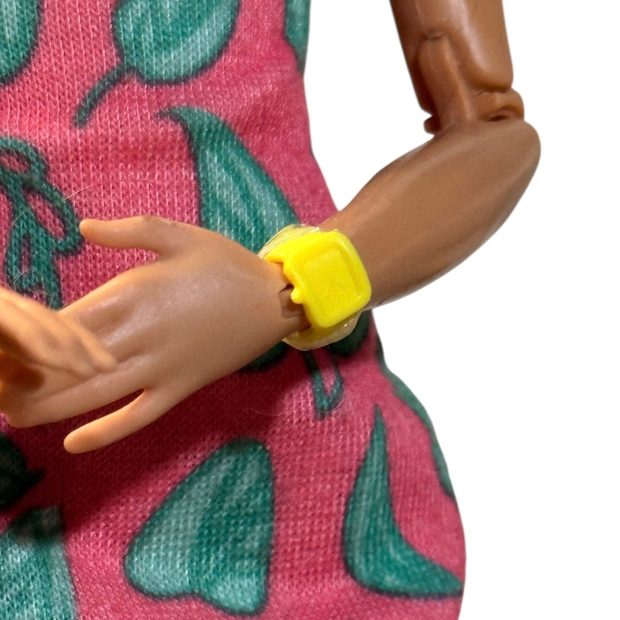 Barbie Doll, 2018 'The Jeep Set', Fully Articulated, Blond/Blue Eyed. Yellow Watch Print Dress