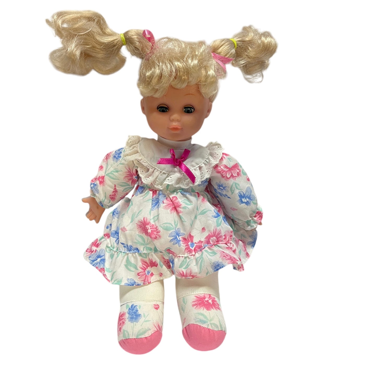 Vintage Vinyl & Plush Hung To Doll, Blond Curls, Open/Close Blue Eyes , Pretty Print Dress/Shoes