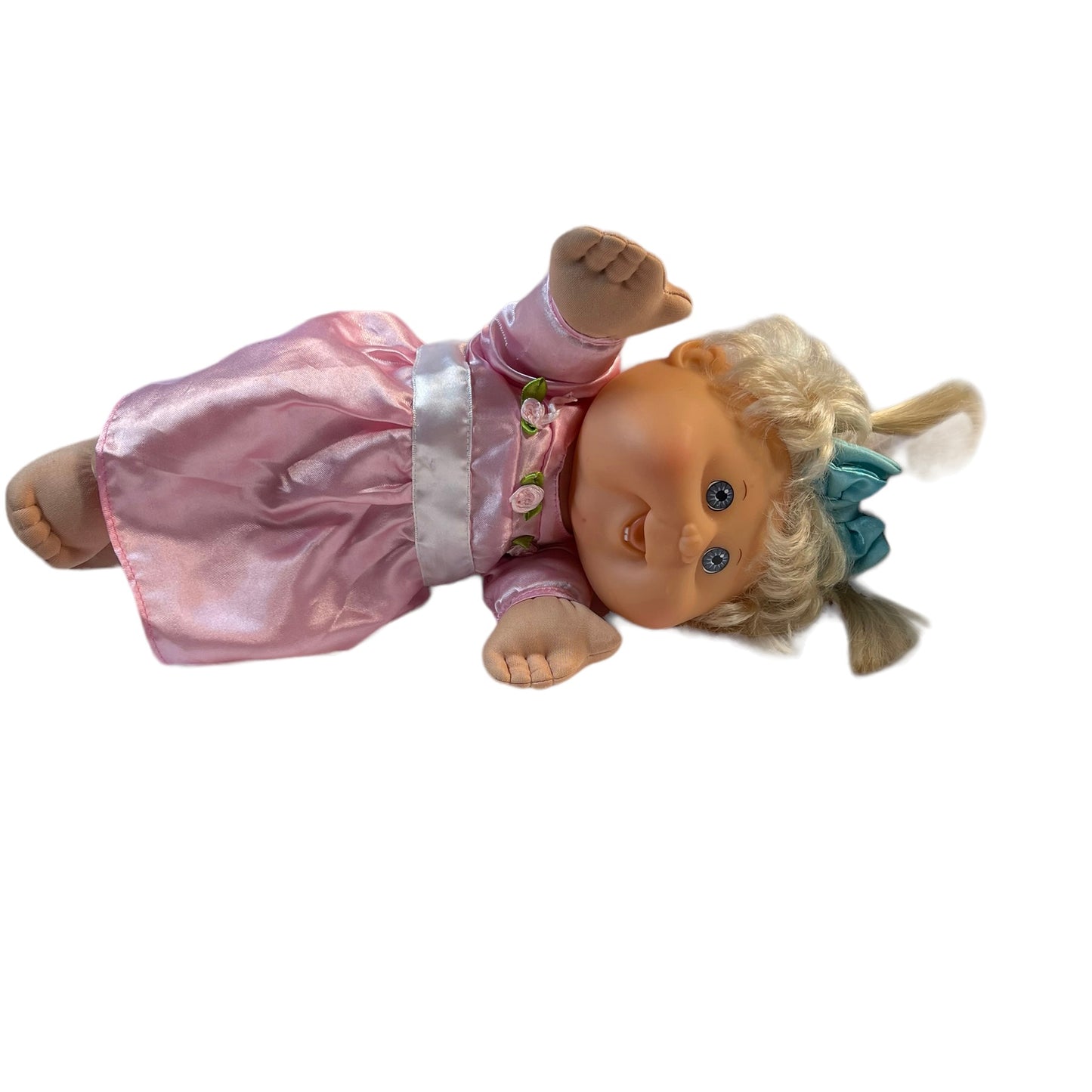 Sweet Cabbage Patch Doll, Blond, Blue Eyes, Tiny Teeth + a Dimple in her Chin! Pink Satin Dress