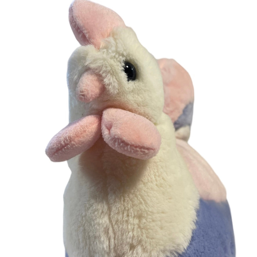 Vintage Stuffed Chicken/Rooster Made in Korea Soft, Fluffy Pastel Pink, Blue and White