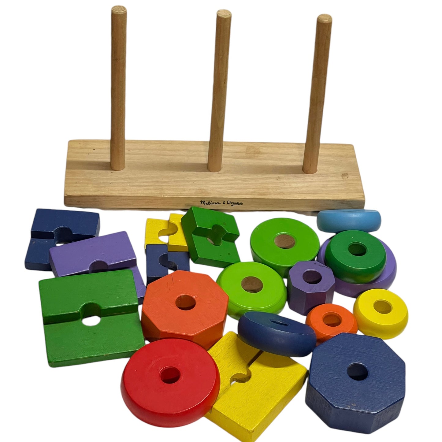 Melissa & Doug Geometric Wooden Stacker, Shape Sorting  Toy, Colour/Shape/Size Identification