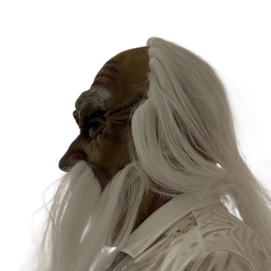 Halloween Mask of Ghoulish Old Man, with Long White Hair, Beard, Fu Manchu & Bushy Eyebrows