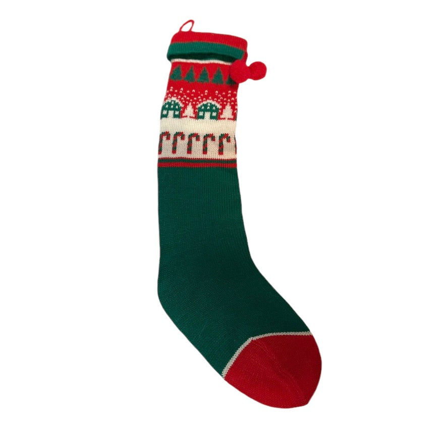 Cheerful Knit Christmas Stocking 24x5", Traditional Colours  & Patterns, Cuffed with Hanger and PomPom