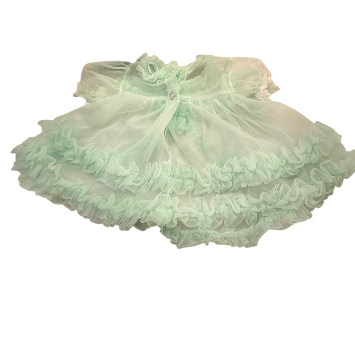 Canadian Made Vintage Sheer Mint Baby Dress with Cascading Ruffles & Rose Applique