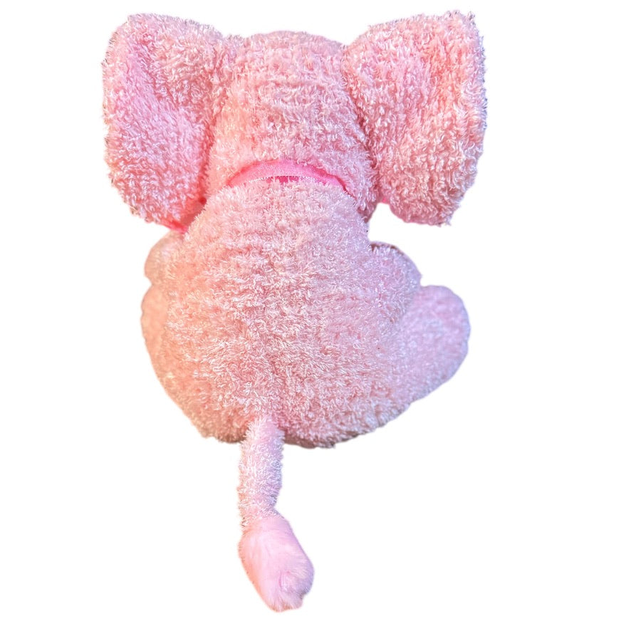 Pink Terry Cloth  9" Plush Elephant with Pretty Gauze Bow & White Ears & Tusks, So sweet!
