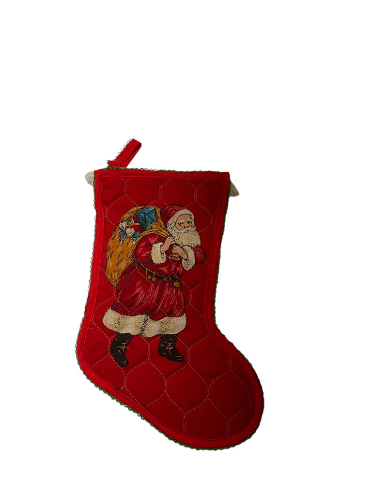 Handmade Quilted Lace Trimmed Vintage Print Santa Christmas Stocking with Crochet Trim