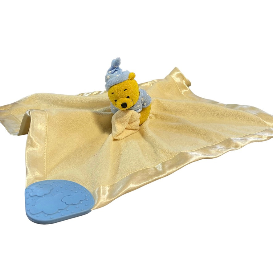 Disney Winnie the Pooh Security Lovey Blanket Yellow Satin Edged with Blue Teether