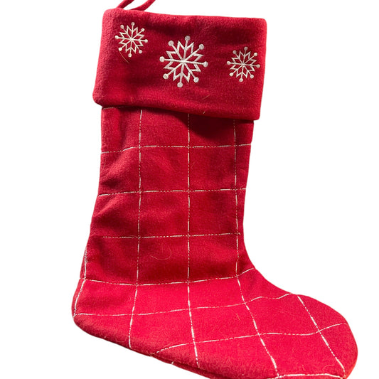 Generous Red Fleece Christmas Stocking, Gold Stitching and Embroidered Snowflakes in EUC