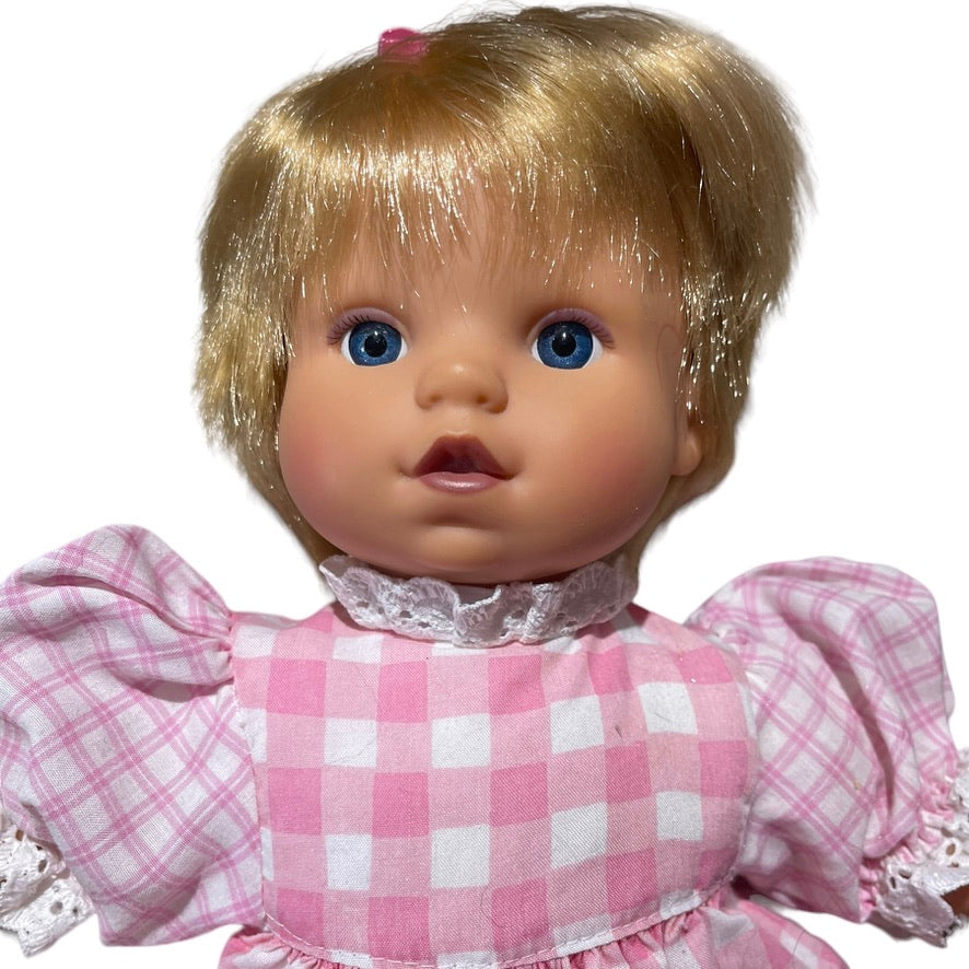 Blond Blue Eyed Baby Doll, Vinyl  with Cloth Body Sweetly  Dressed  in Pink Gingham