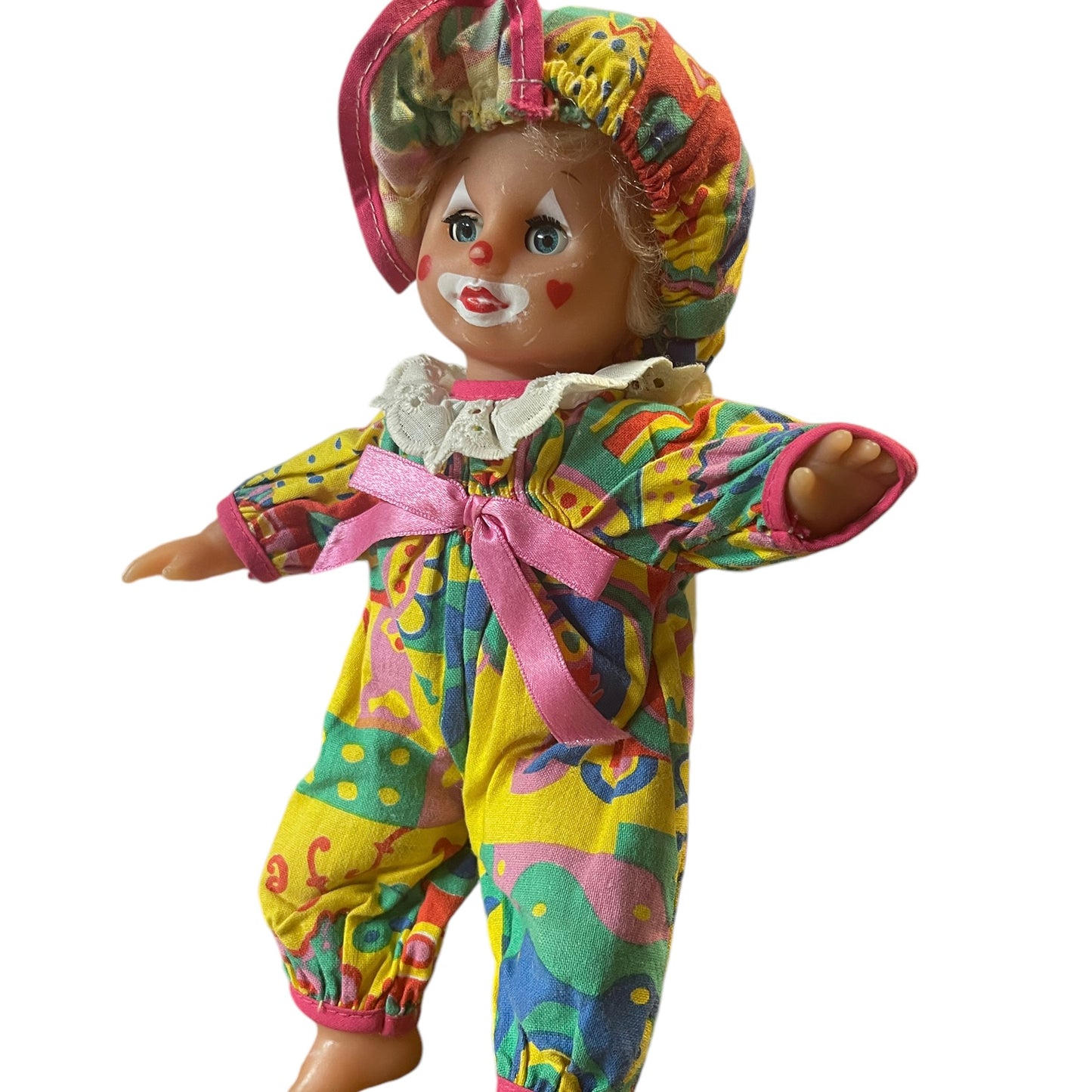 Tiny TurkishClown Faced  Doll In Bright Printed Romper & Matching Cap,  9" in GUC