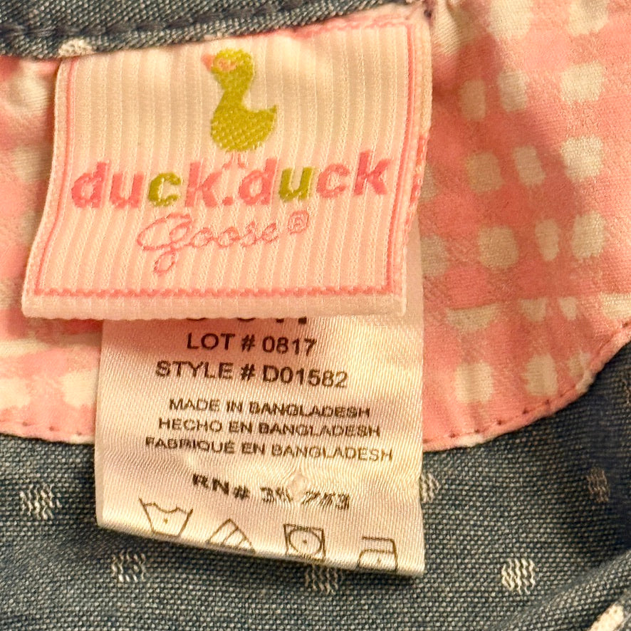 Duck Duck Goose Denim Blue Romper with Pink Polka Dots, Satin Bow and a Pretty Applique