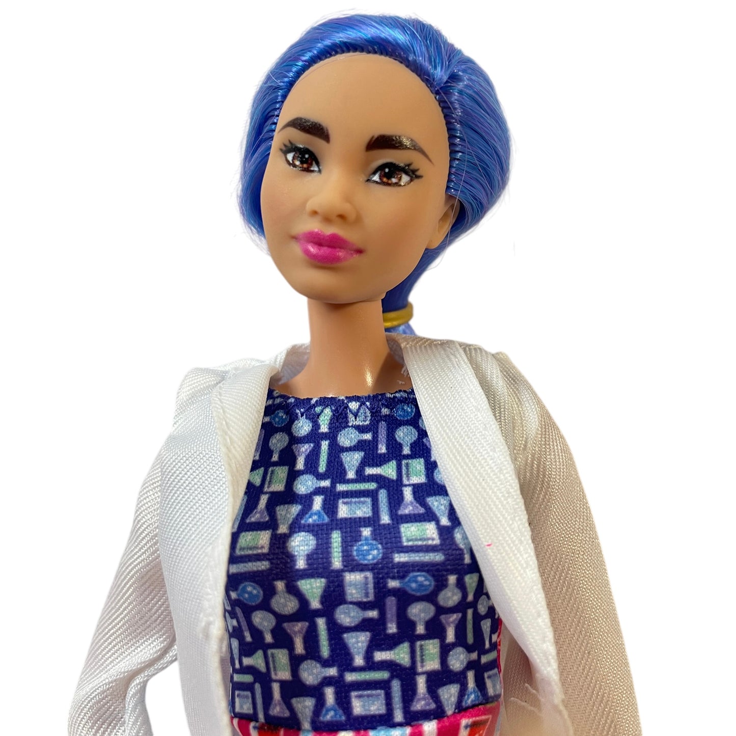 Barbie Scientist Doll,  Blue Hair, Pink & Blue Print Dress, Matching Pink Flats and Lab Coat GUC Mattel