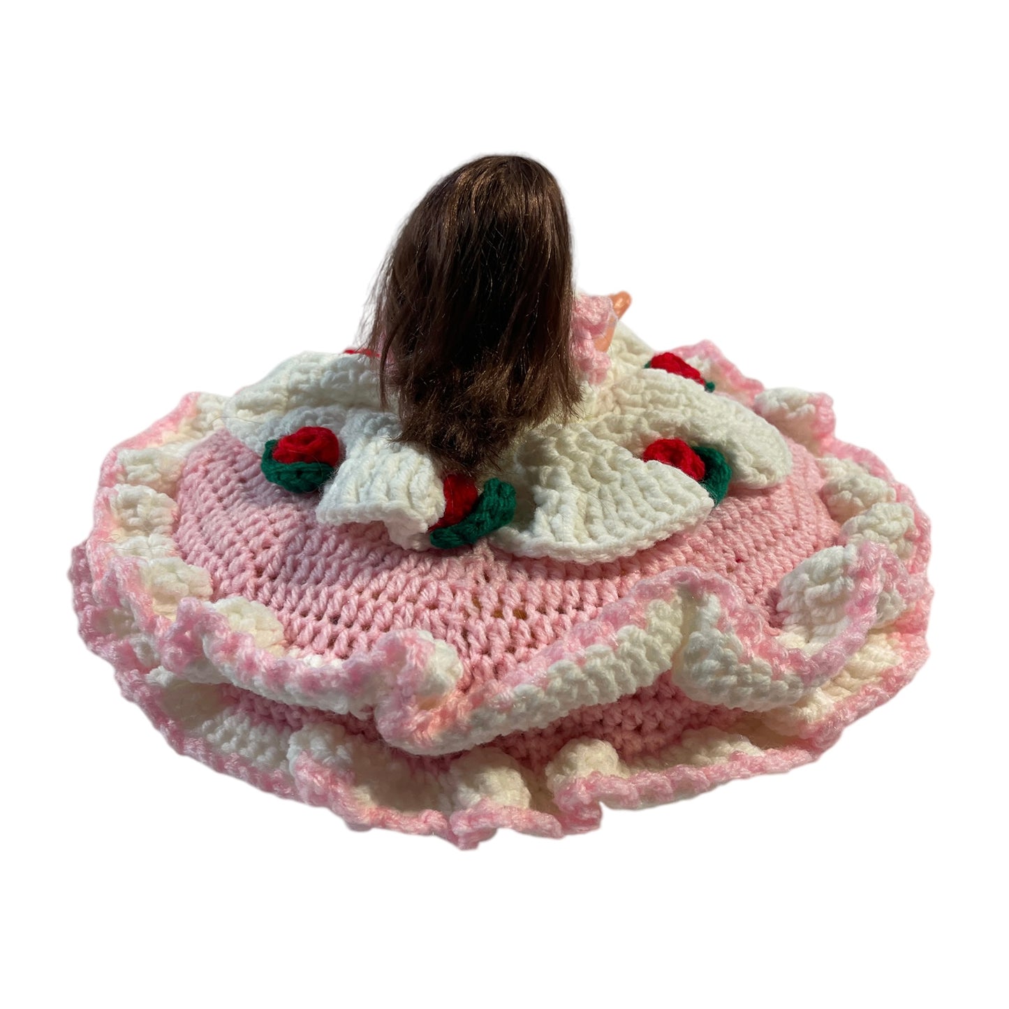 Vintage Crochet Bed Sitter Doll, Pink & White Dress. Embellished with Red Roses & Green Leaves