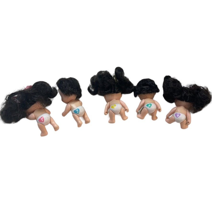 Tyco Quintuplets Rare Vintage Tiny Brunette Babies, Numbered Hearts on Diapers, EUC