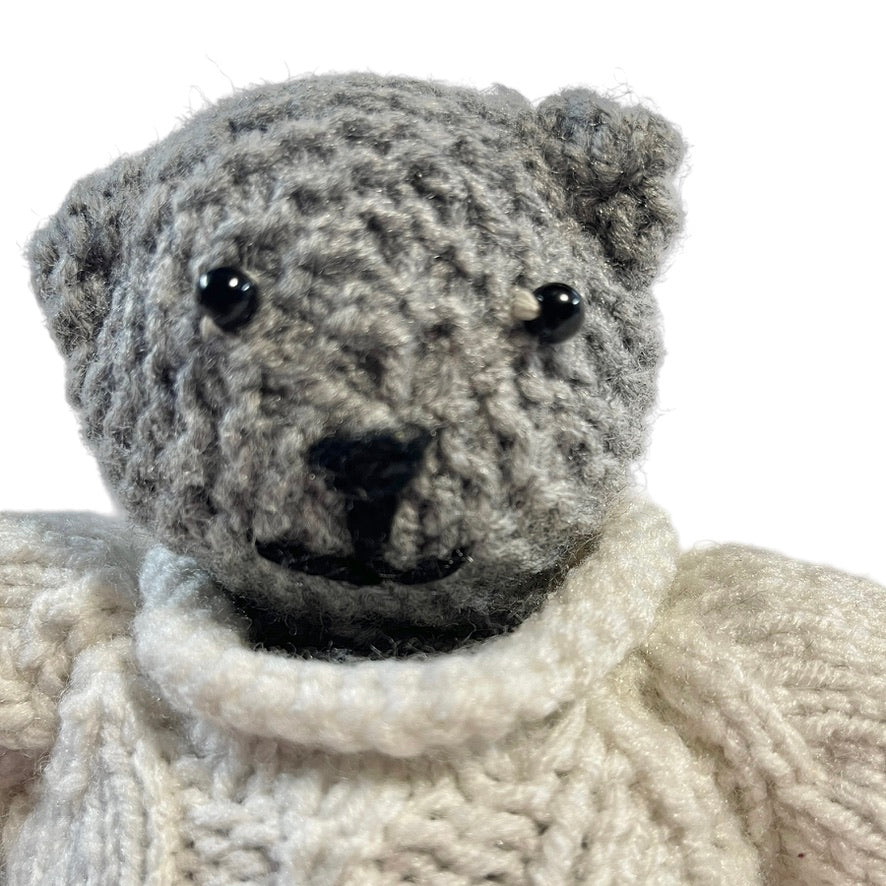 Hand Knitted/Crocheted Overstuffed 9.5" Grey Bear in Cream Knit Sweater and Blue Knit 'Jeans'