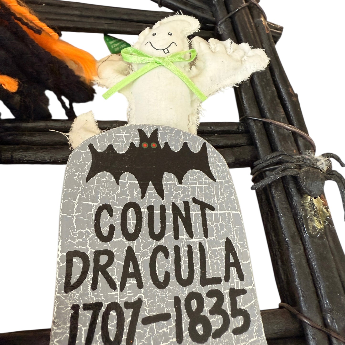 Halloween Door Hanger Wooden House with Hilarious Plush Witch & Dracula Tombstone in EUC