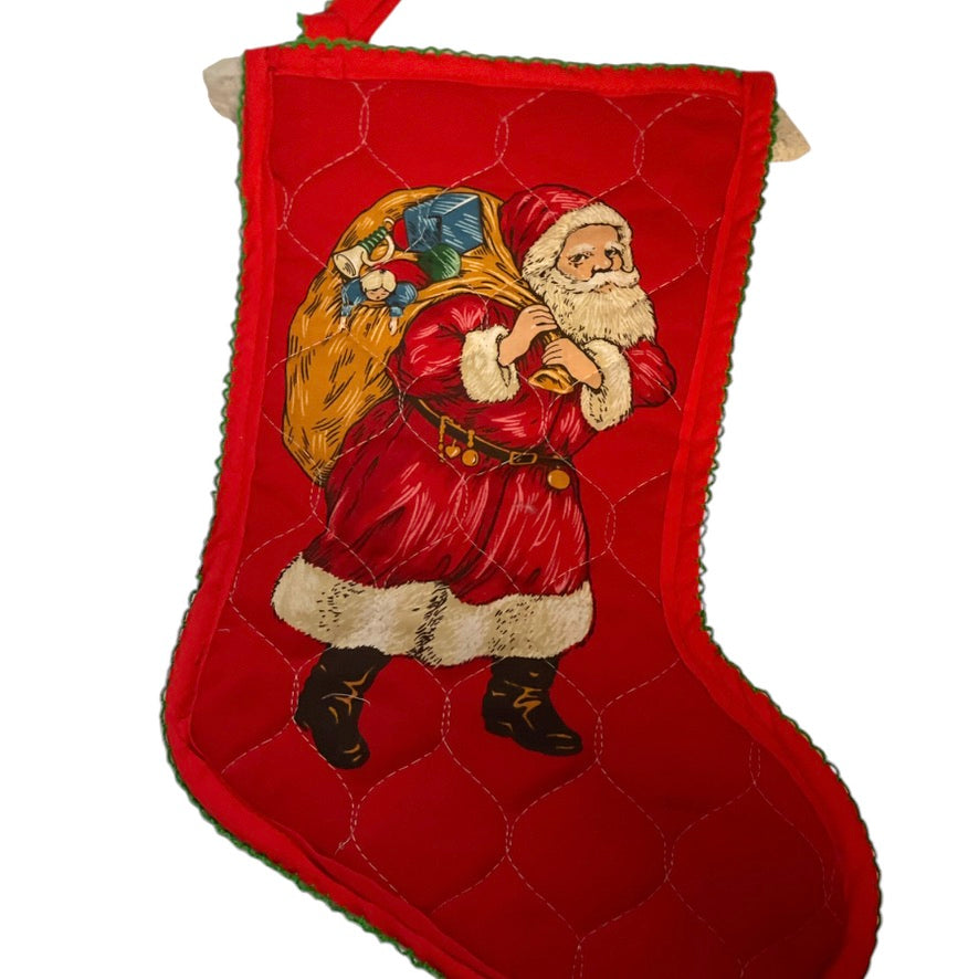 Handmade Quilted Lace Trimmed Vintage Print Santa Christmas Stocking with Crochet Trim