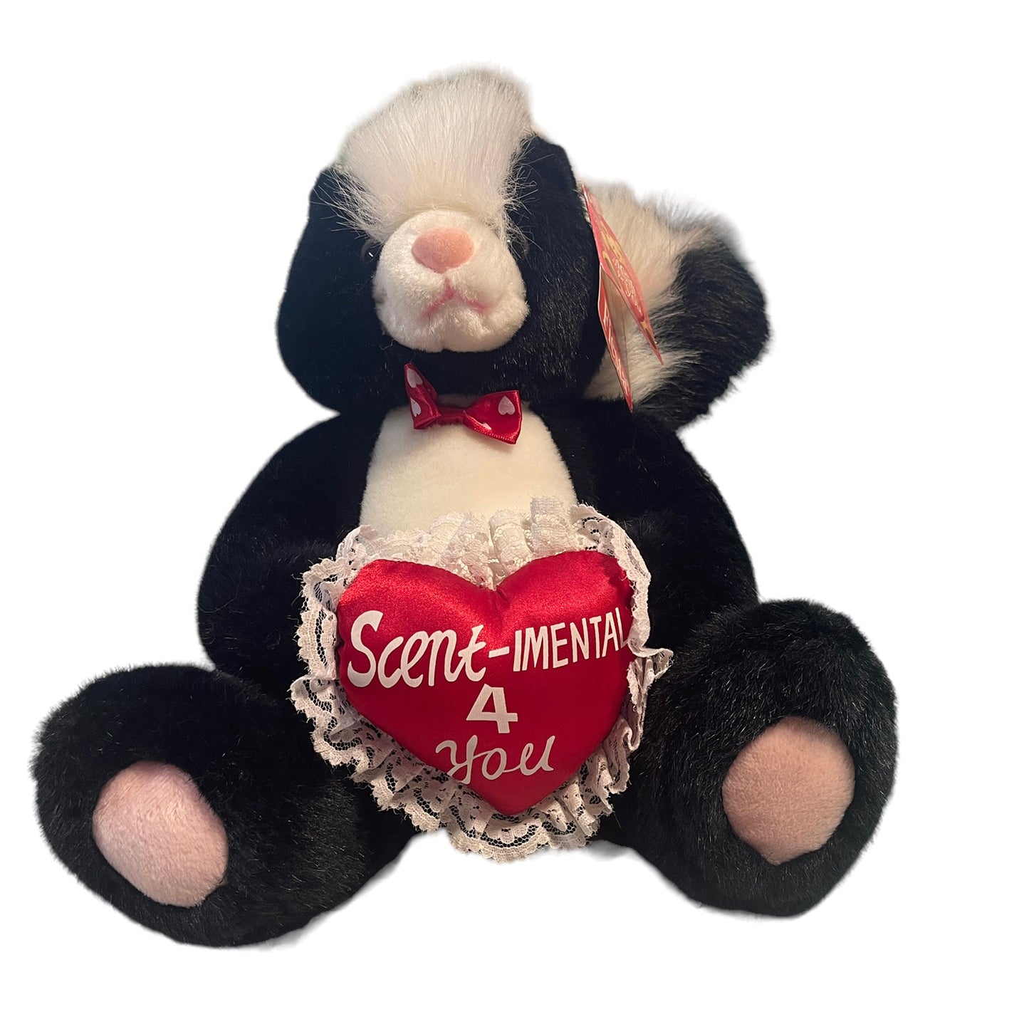 Fiesta 1998 'Scent-imental' Skunk Plush Black & White, Red Lace Trimmed Heart in EUC