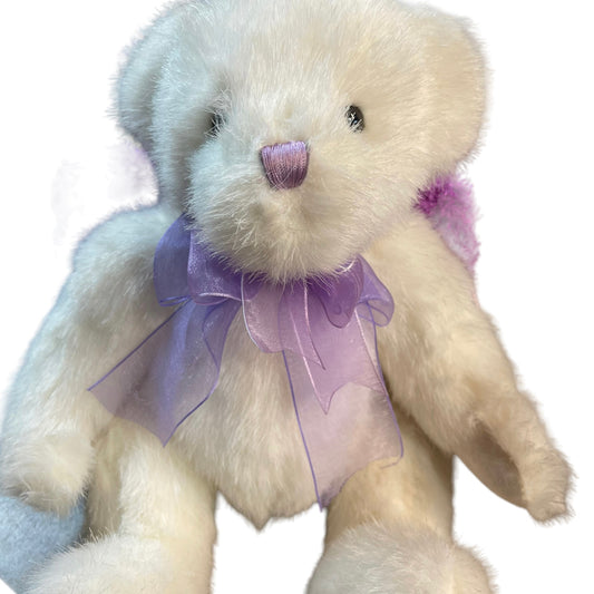 Dandee White & Lavender Angel Bear with Sparkly Purple Wings and Satin Accents