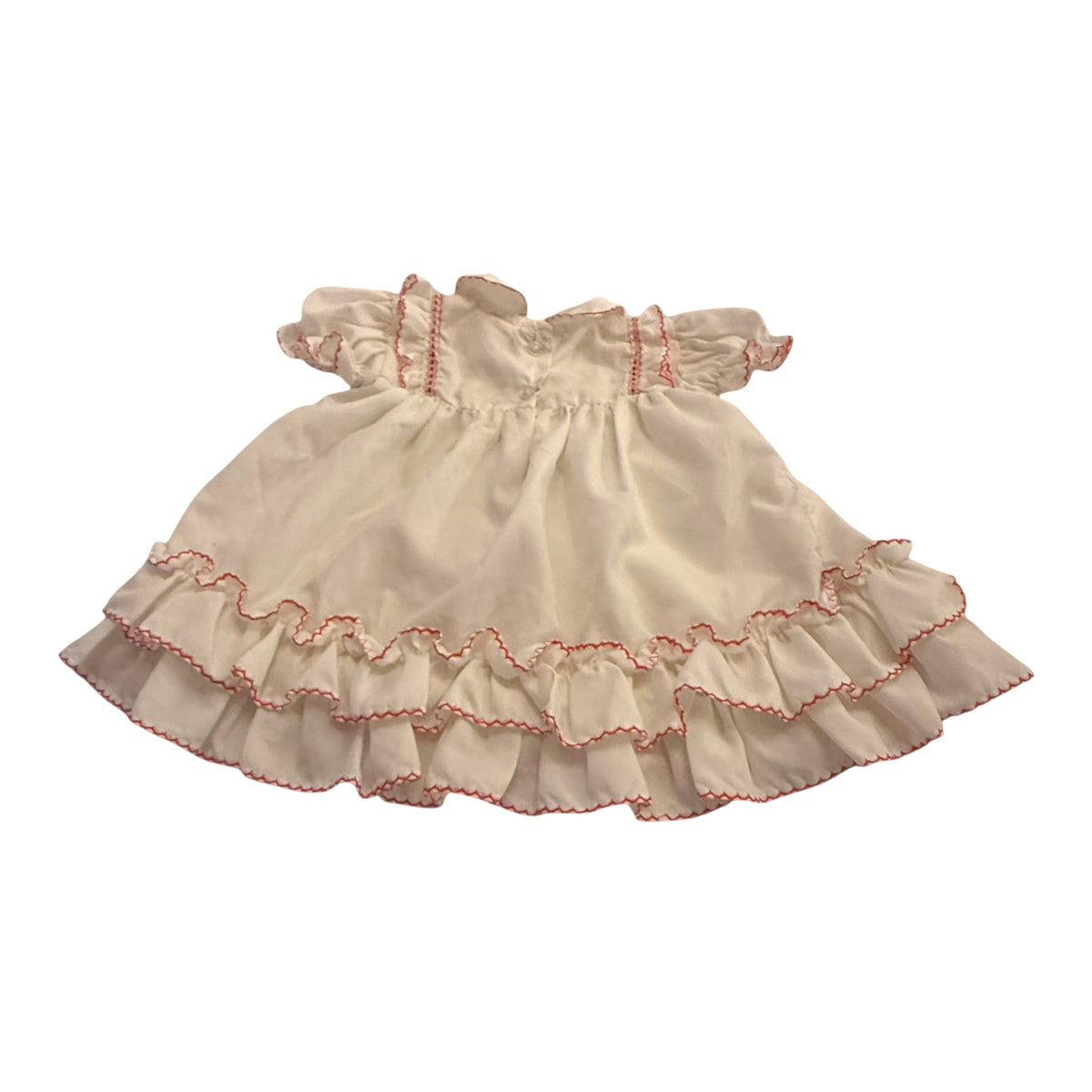 Vintage Preowned White Ruffled Baby Dress with Red Trim and Ribbon Embellishment
