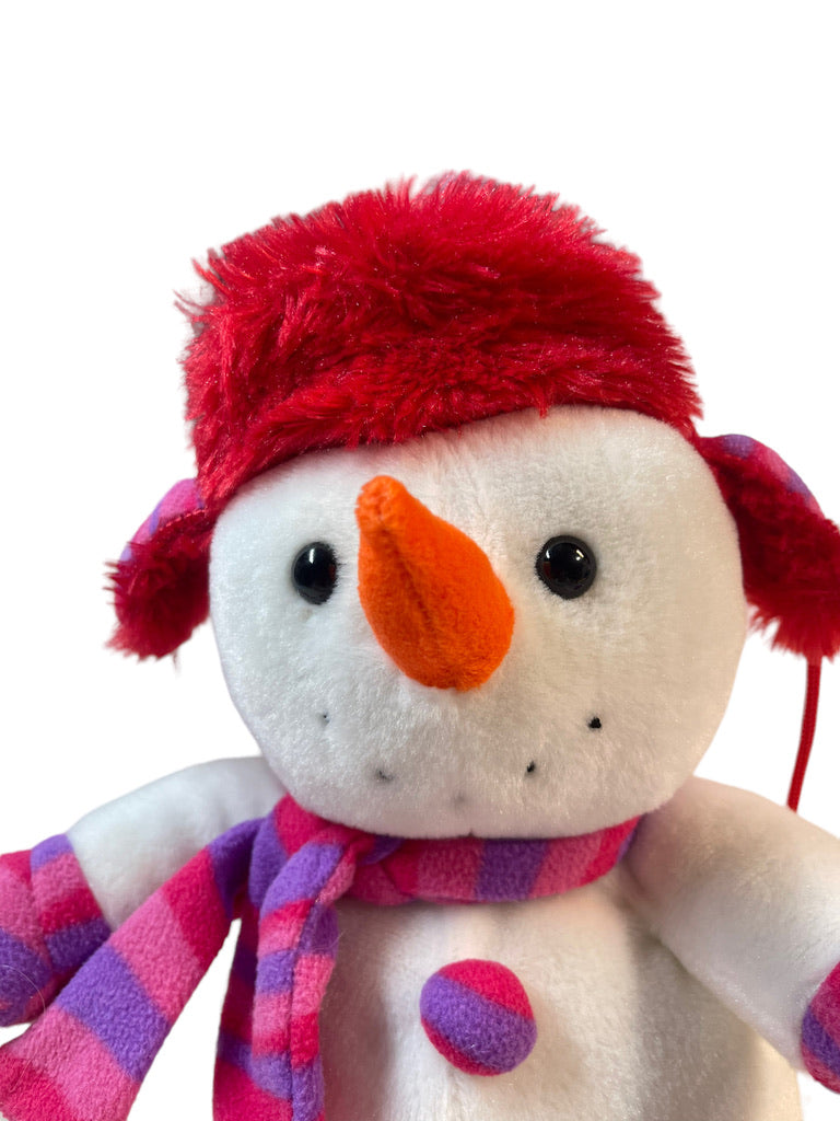 Stuffed 14" Snowman Plush Pink/ Purple Striped Clothes and a  Carrot Nose!